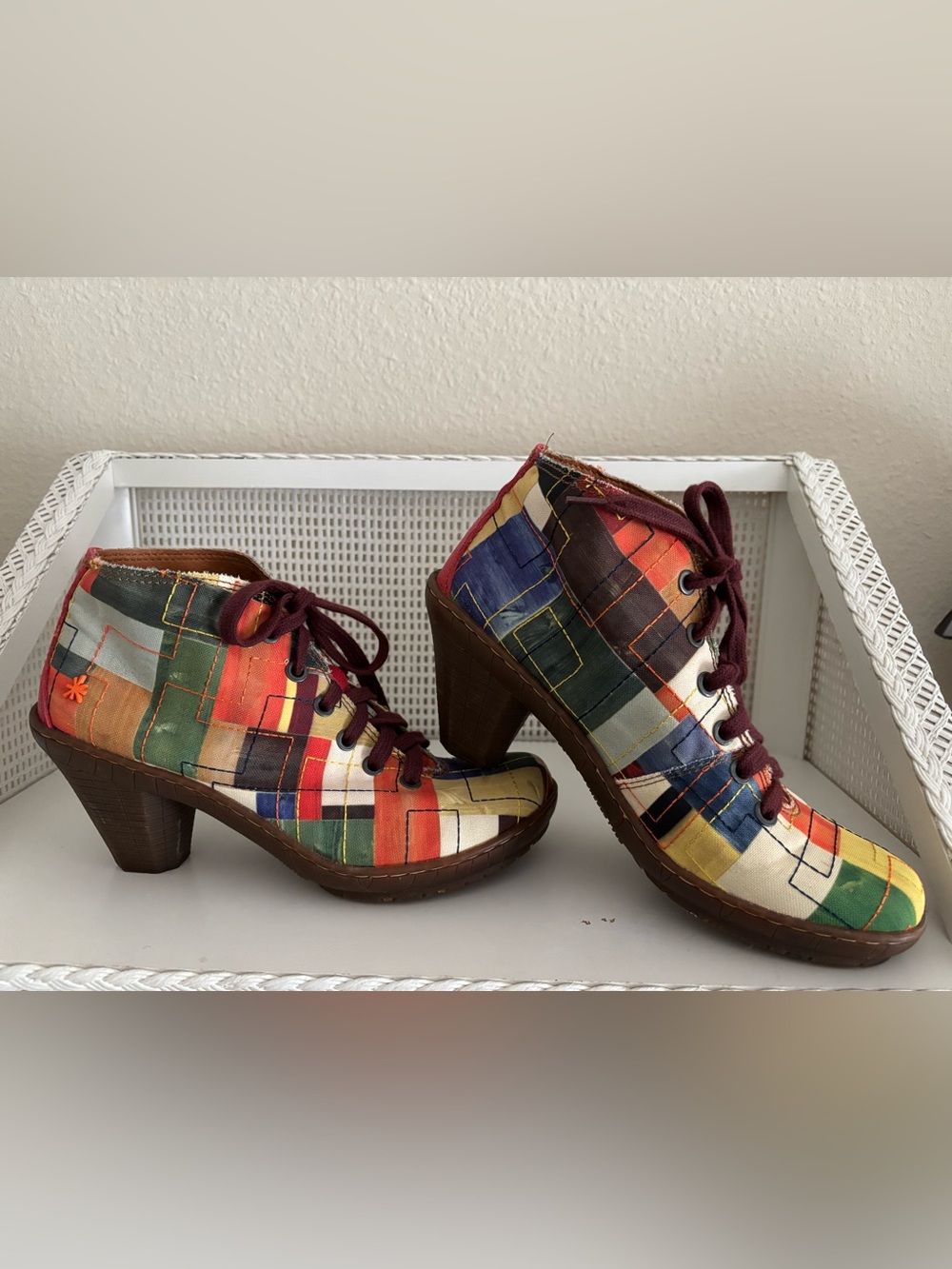 ART Company BOHO Multi-Color Plaid Stitched Canvas Ankle Booties 3” Rubber Heel